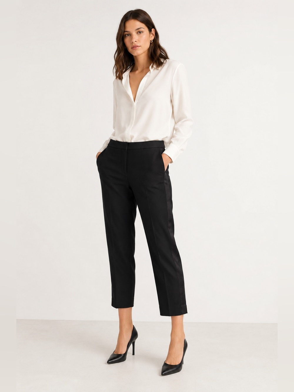 Maje Black Cropped Tuxedo Stripe Pants Ankle Trousers Size 40 US 8